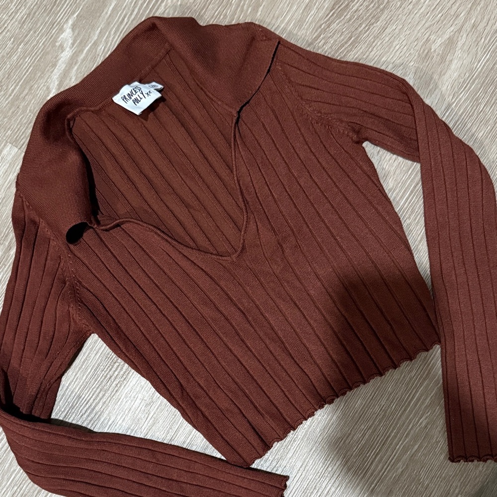 Princess Polly Rust V-Neck Ribbed Sweater
